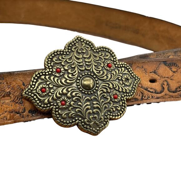 Western Leather Fancy Buckle Belt SZ 38 Women’s Brown Large Buckle Tooled Eagle - Picture 5 of 10